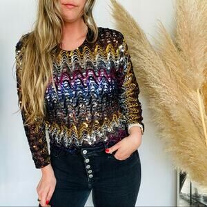 VINTAGE Black Squiggle Striped Sequin Multicolor Scoop Neck Blouse Top Shirt S M
